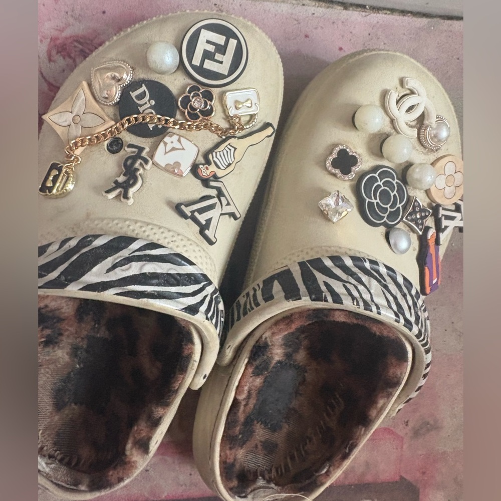 Embellished Beige Slip-On Clogs with Animal Print Trim